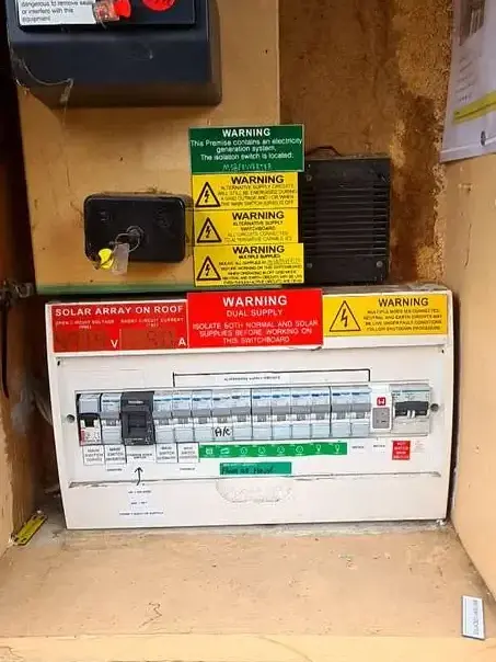 Switchboard labelled for solar and battery by Velocity Solar, Bell Post Hill