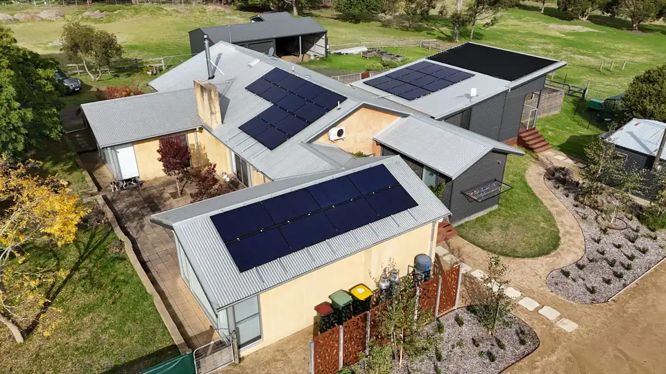 Aerial view of a rooftop solar system installed by Velocity Solar in Geelong