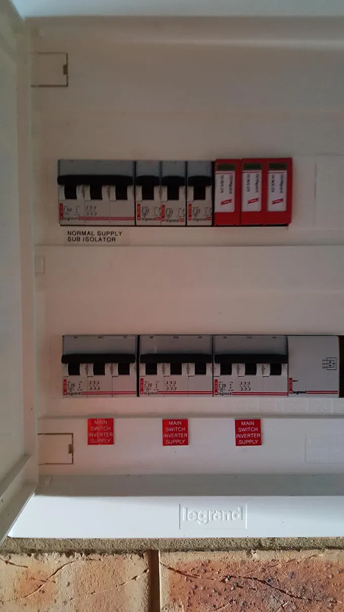 Switchboard with solar inverter supply switches, Highton Bowling Club Switchboard with solar inverter supply switches installed by Velocity Solar, Highton Bowling Club